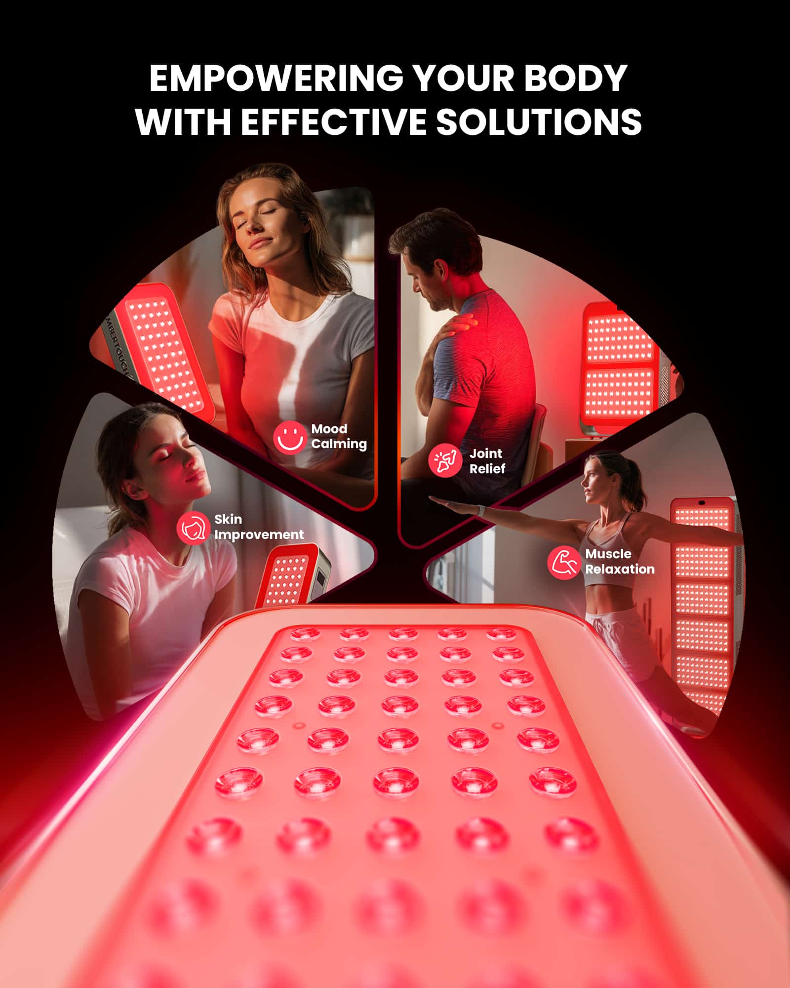 emberpro100-body-relief.jpg EmberPRO 100 red light therapy device offering mood calming, skin improvement, joint relief, and muscle relaxation benefits.