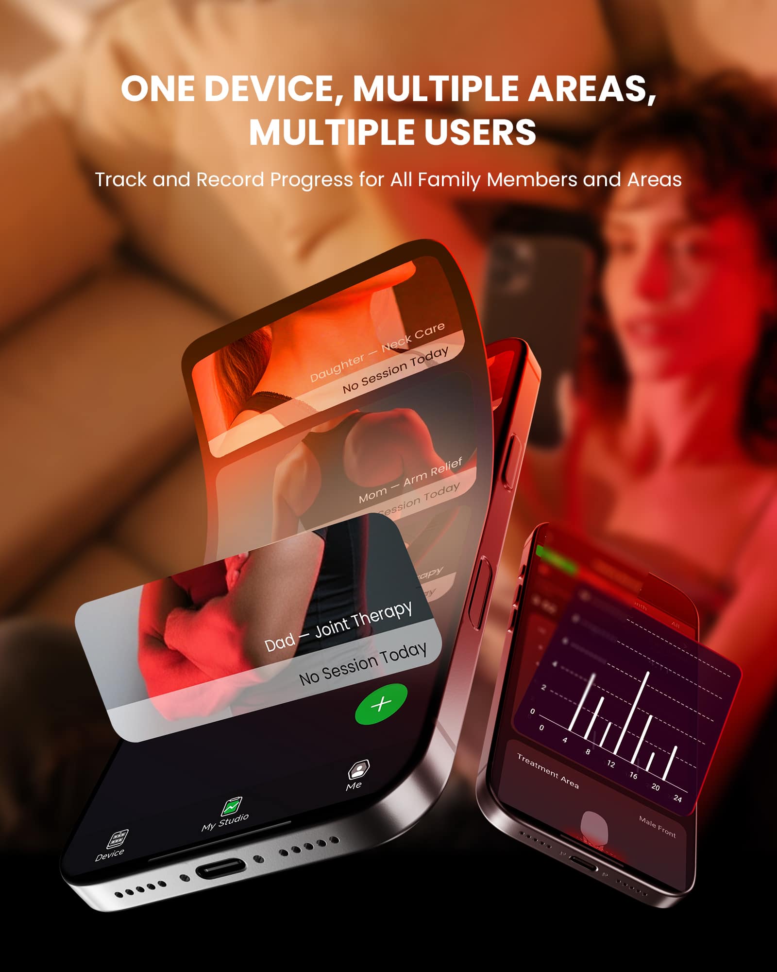 emberpro100-family-user-tracking.jpg Track and record progress of multiple family members using the EmberPRO app for red light therapy.