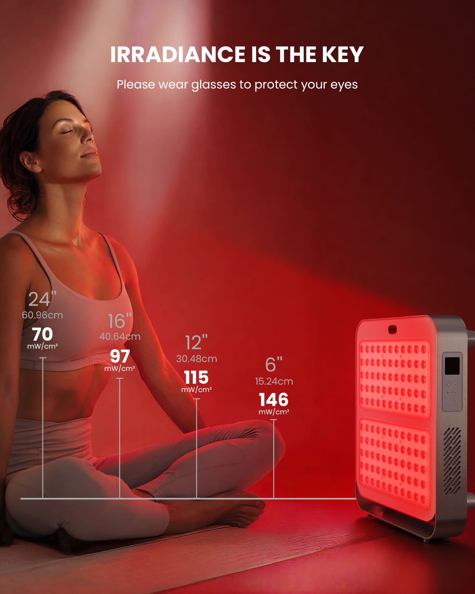 emberpro200-irradiance-levels.jpg EmberPRO 200 device with a guide showing irradiance levels at different distances for red light therapy.